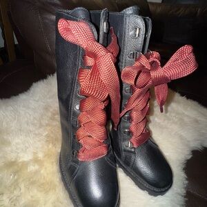 Schutz Black Leather Boots with Red Laces